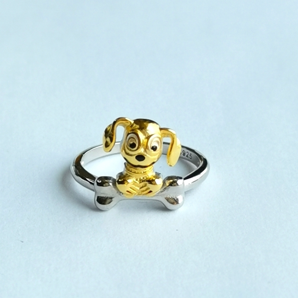Dog with Bone Ring Sterling Silver 14k Gold Size 8 🆕
